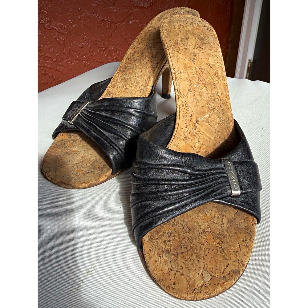 CHANEL Black Leather Logo Slide Sandals Cork Insole Open Toe 37.5 Italy